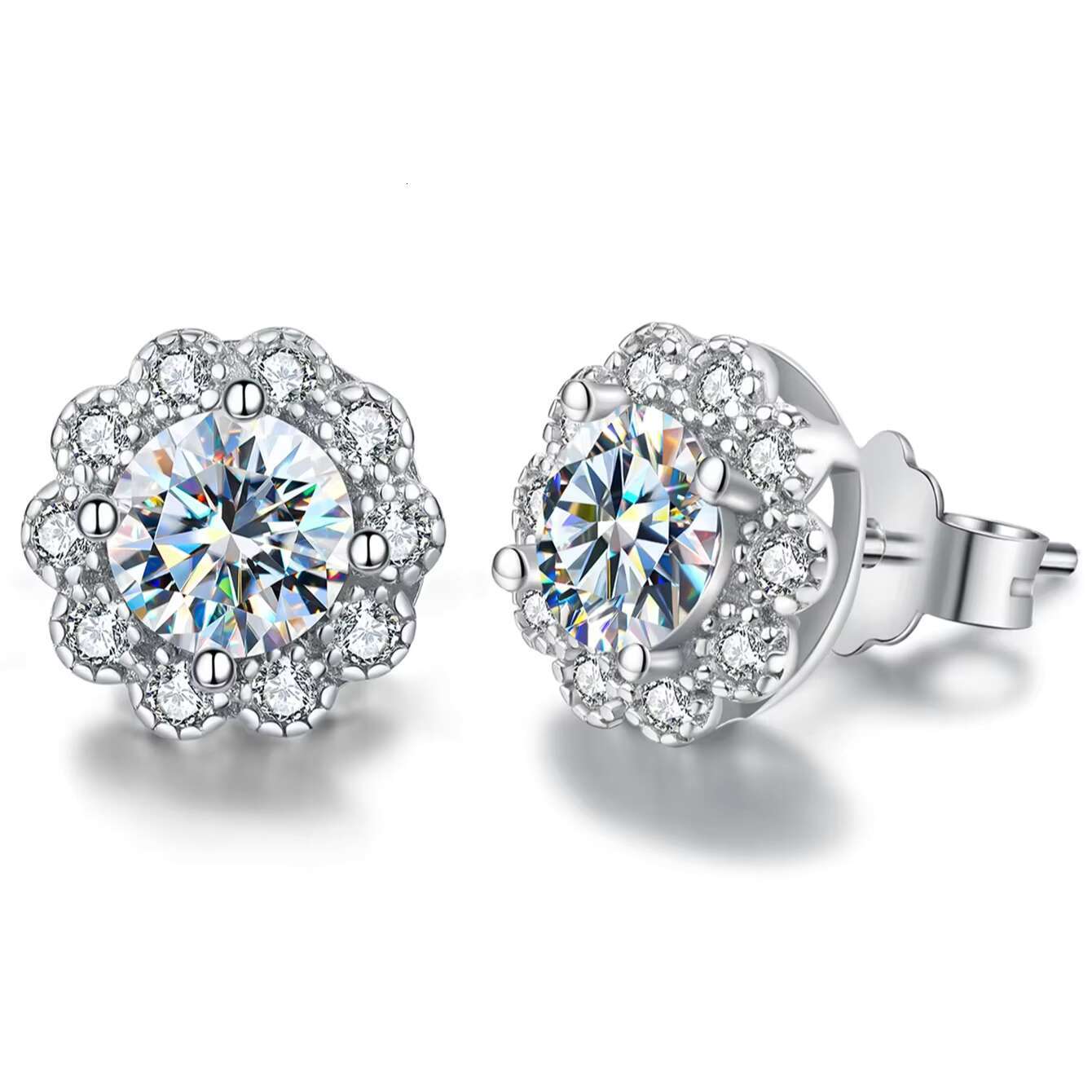 Classic 925 Sterling Silver Fine Jewelry Full Diamond Stud Earrings With 0.5ct Moissanite Halo Design-for Gift