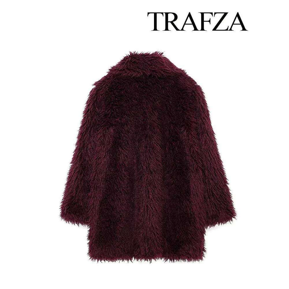 TRAFZA Women Faux Fur Jackets Loose Sleeves Turn Down Collar Warm Winter Long Coat Female Wine Red Vintage Casual Outerwear