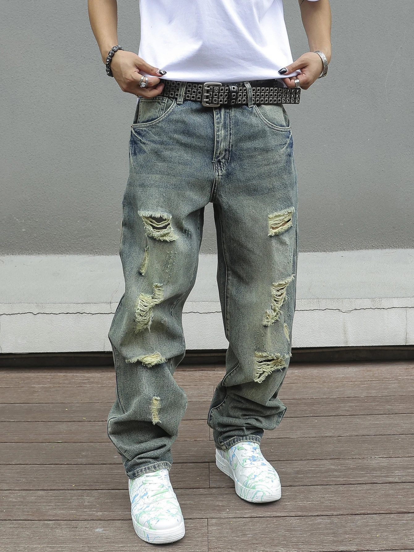 Y2K Distressed Skinny Jeans for Men Ripped Vintage High-Waisted Hip-Hop Streetwear Style 250605