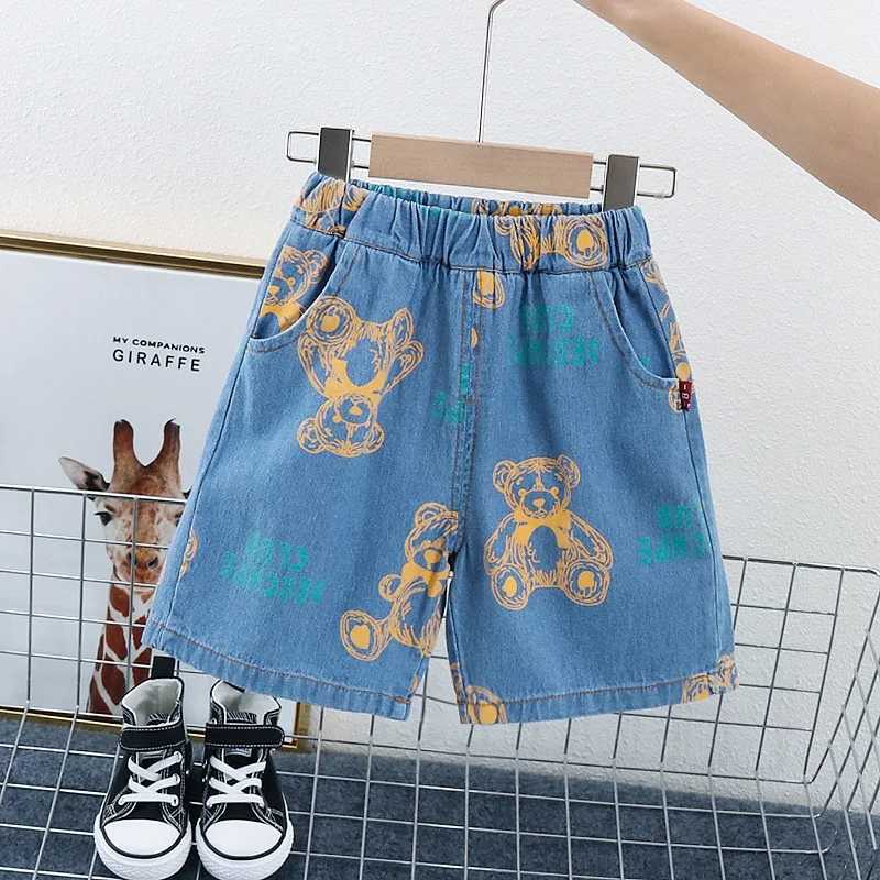 Boys Summer Denim Clothing Set Fashion Cartoon Bear Print Jacket Shorts 2-Piece Tracksuit Casual Outfit for Kids R250606