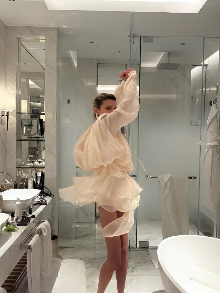 Stunning Shiny Ruffles Lace Up Mini Dress Chic Loose Hollow Out Aline Pleated Vestidos Lady Summer Party Gowns 2025 250526