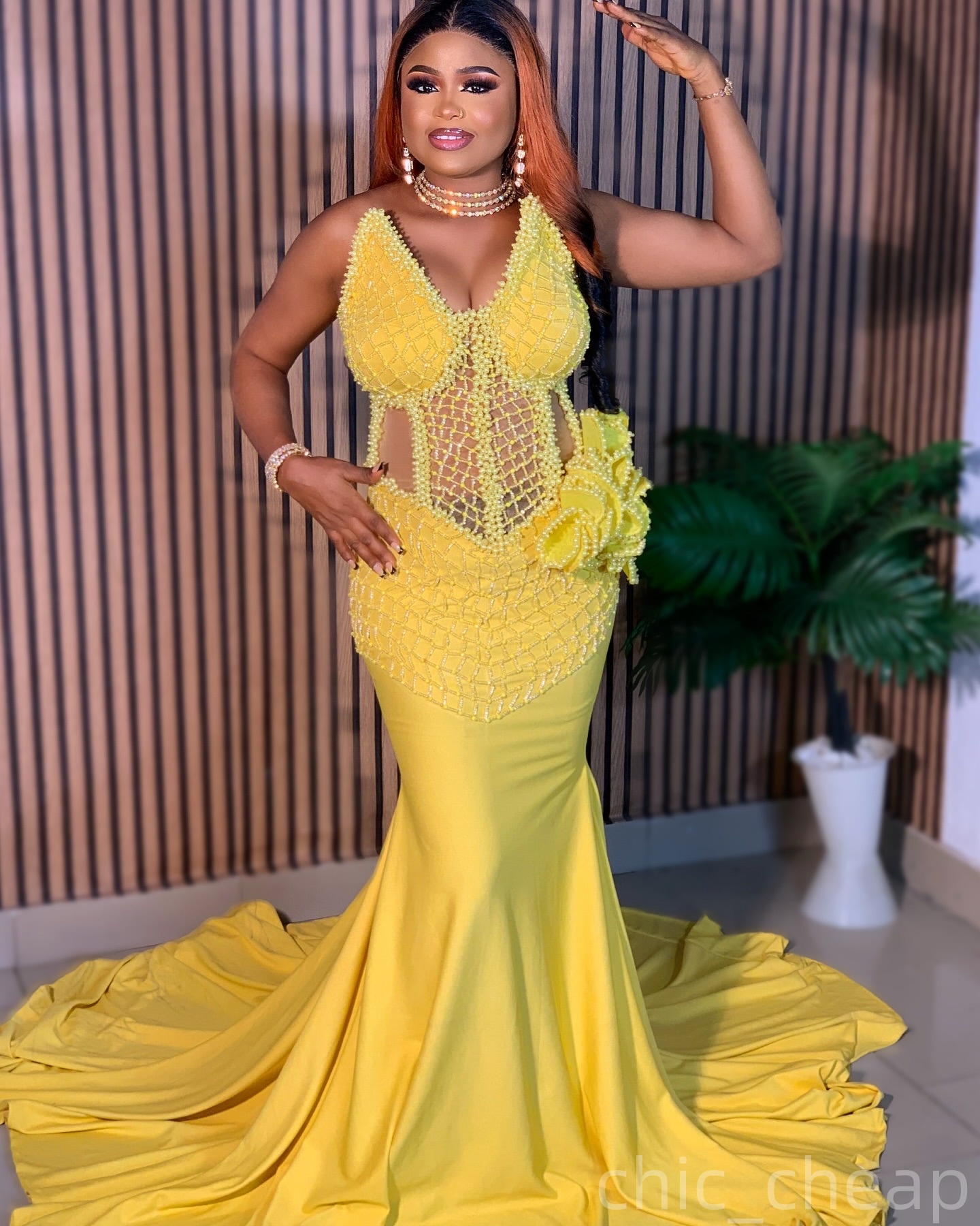 Yellow Mermaid Prom Dresses 2025 Pearls Satin Beaded Wrap Evening Formal Party Second Birthday Engagement Gowns Plus Size Dress For Special Occasions