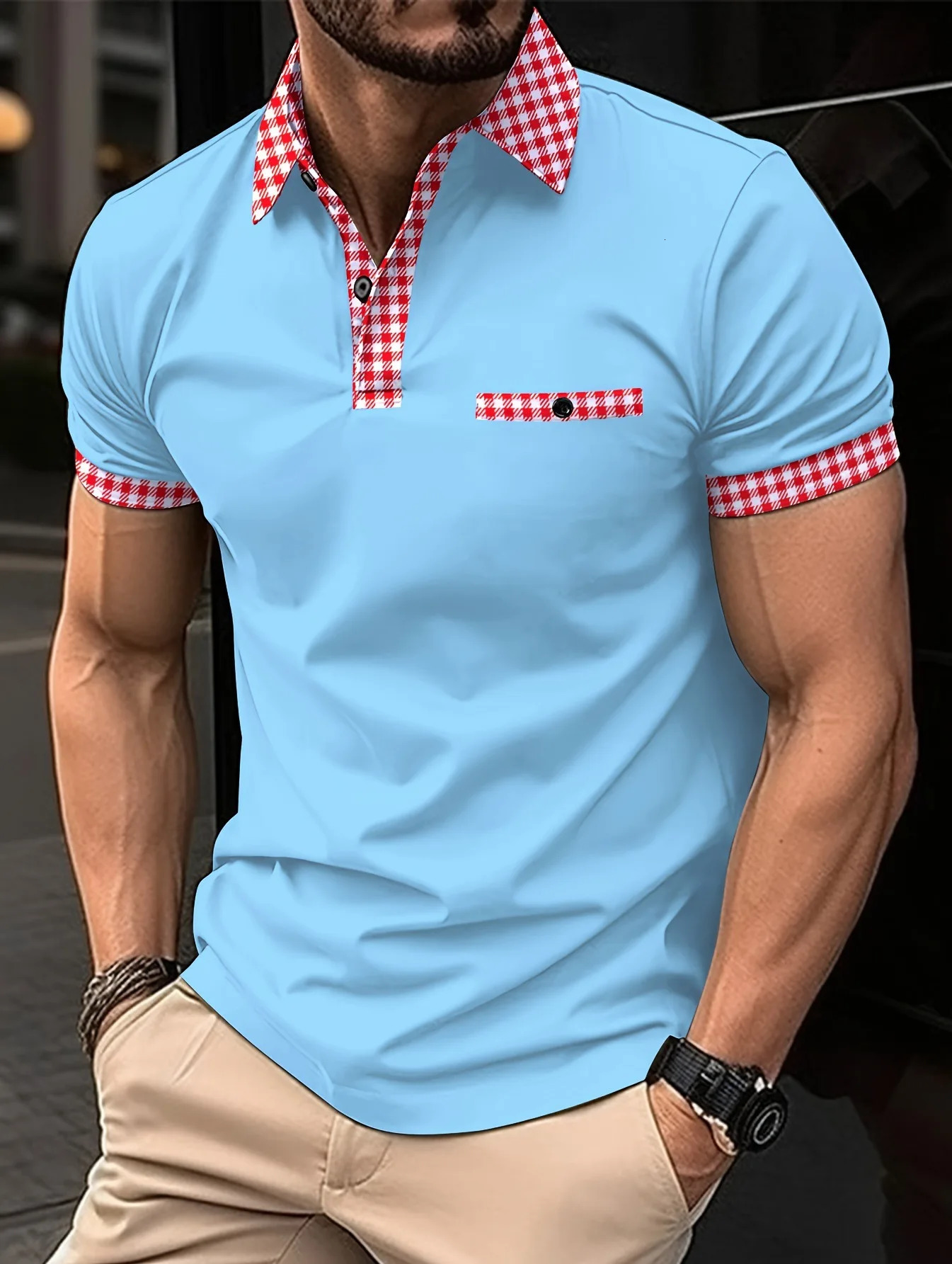 mens plaid solid color casual short sleeve POLO shirt large size summer men thin 250527