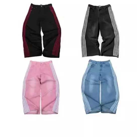 2025 Mens Jean Fashion Striped Harajuku Jeans Women Hip Hop Streetwear Casual Wide Leg Jeans Vintage Jean Z250605