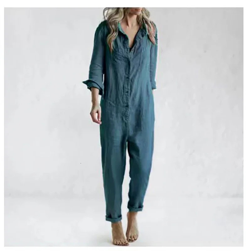 Cotton Linen Vintage Jumpsuits Women Single Breasted Button Turn-down Collar Long Sleeve Romper Solid Pockets Overalls 250530