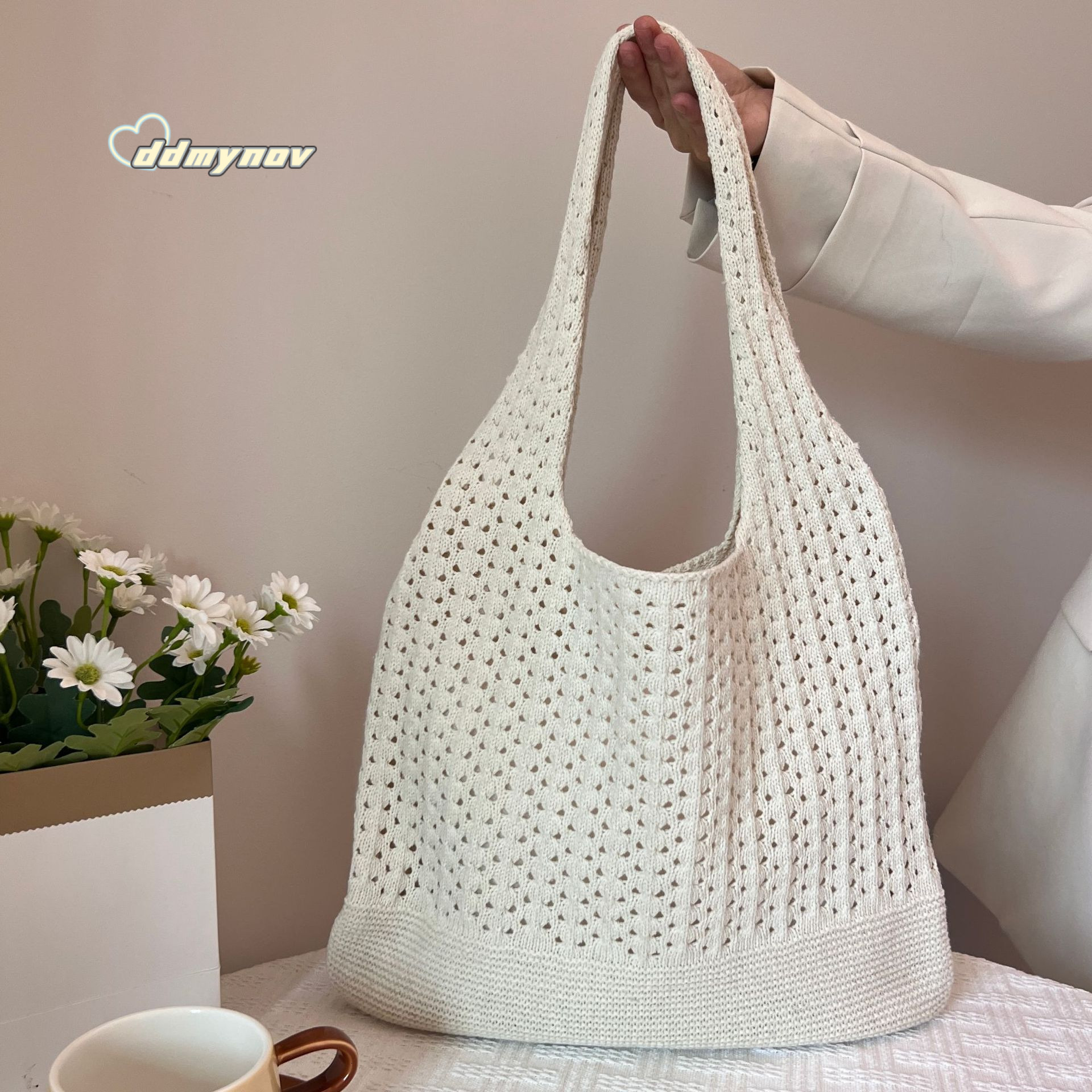 New Knitted Handwoven Tote Shoulder Women's Yarn Handbag Shopping Bag ddmynov