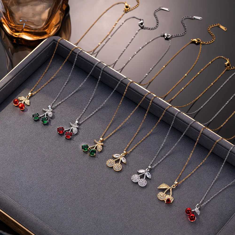 Shiny Cute Zircon Cherry Pendant Necklaces for Women Girls Stainless Steel Chain Kpop Sweet Collar Jewelry Accessories Gifts Y250605