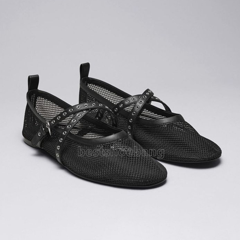 Mesh Leather Designer Flat Shoes Women Hollow Ballet Flats Comfort Soft Soled Dance Shoe Summer Casual Mary Jane Sandals Loafers Fashion Classics Blac