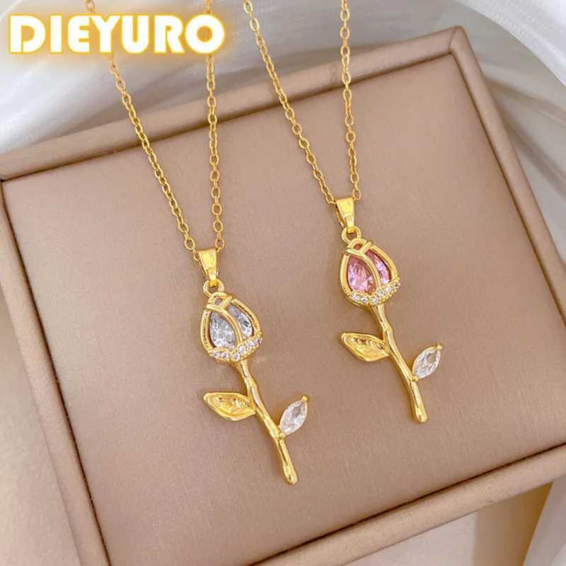DIEYURO 316L Stainless Steel Fashion Pink White Crystal Rose Blossoms Pendant Necklace For Women New Clavicle Chain Jewelry Gift Y250605