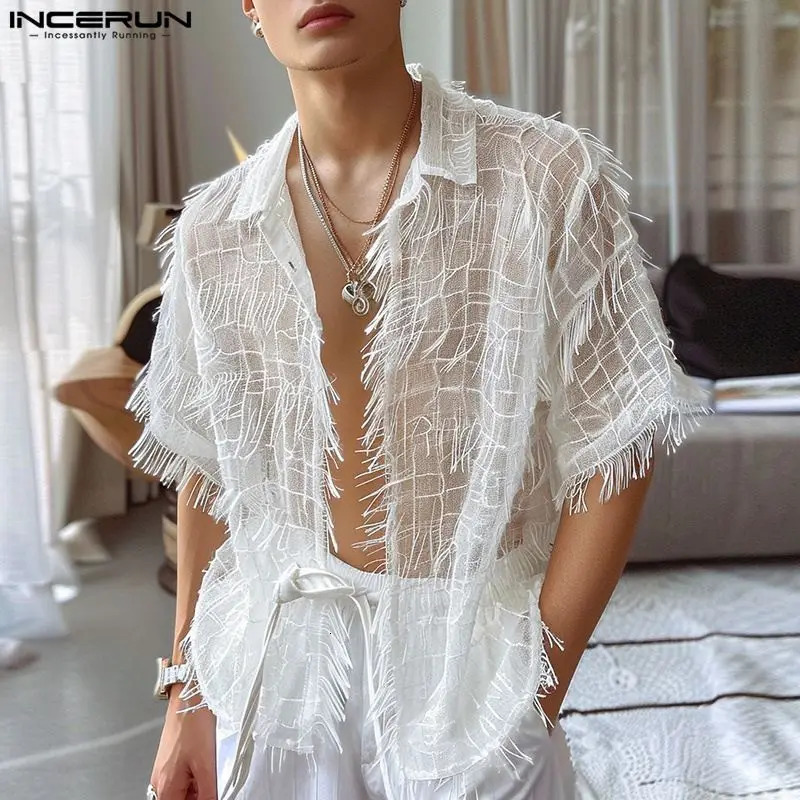 Men Shirt Tassel Chiffon Transparent Lapel Short Sleeve Sexy Men Clothing Summer Streetwear Party Fashion Camisas INCERUN 250605