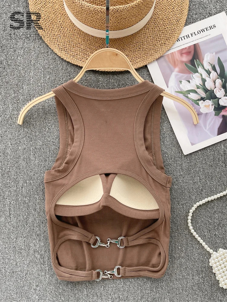 SINGREINY Sleeveless Knit Top Women Backless Korean Bra O Neck Solid Elastic Waist Ladies Elegant Fashion Casual Crop 250527