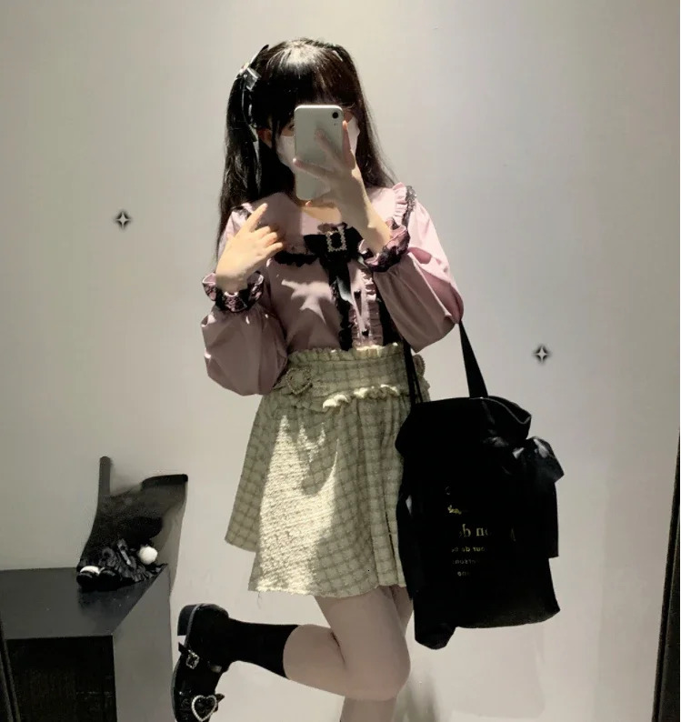Sweet Lace Patchwork Long Sleeve Crop Top Blouse Women Japanese Y2k Harajuku Camisas JK Bow Ruffle Shirt 2025 Kawaii Blusa Femme 250606bjbj
