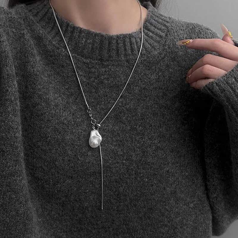 LATS Stainless Steel Long Necklace with Baroque Pearls for Women Adjustable Chain Sweater Accessories Fashion Jewelry Y250605