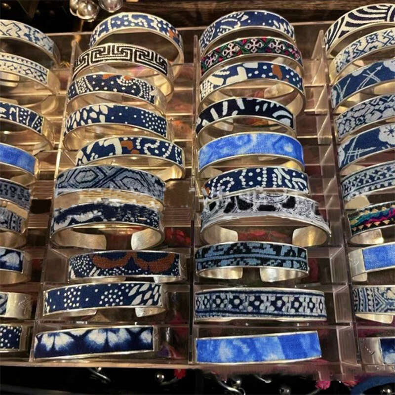 DHcollections Batik Plant Grass Dye Blue and White Miao Sier Open Bracelet Ethnic Style Jewelry