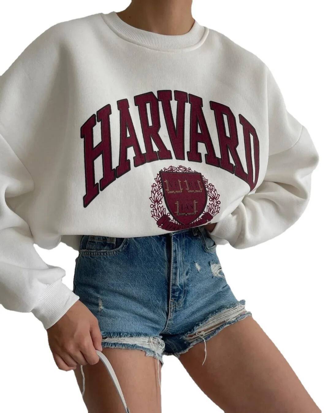 Women Crew Neck Ladies Harvard Letter Graphic Print Oversized Sweatshirt Crewneck Preppy Cute Loose Jumper Pullover