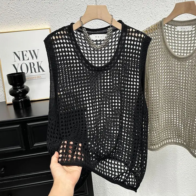 Hollow-out Thin Knit Summer Style Vest Loose Tank Top Round Neck Short and Versatile Top 250605