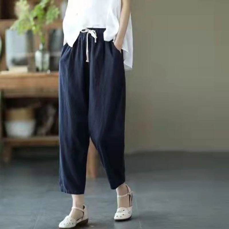 Solid Color Cotton and Linen Pants for Woman Vintage Loose Streetwear Harem Trousers Female Casual High Waist Drawstring Pants 250605