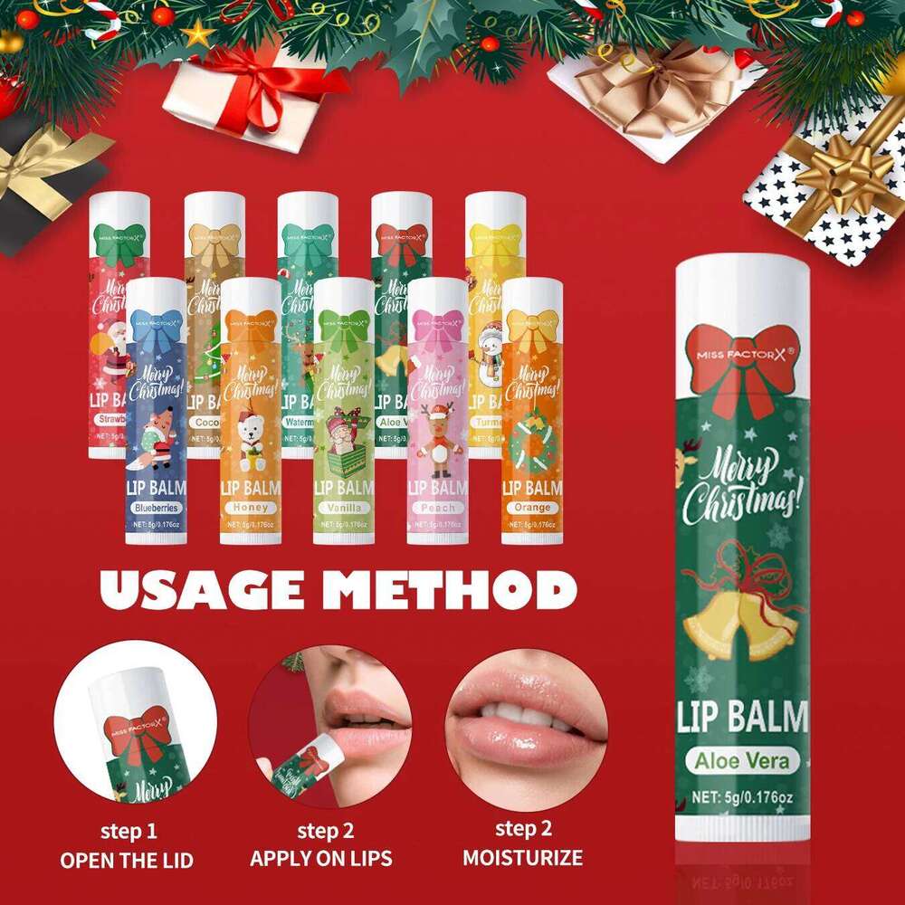 free shipping 10PCS/Box Christmas gift box, lip balm set, deeply hydrating lip moisturizer, lip color brighten, gift to women