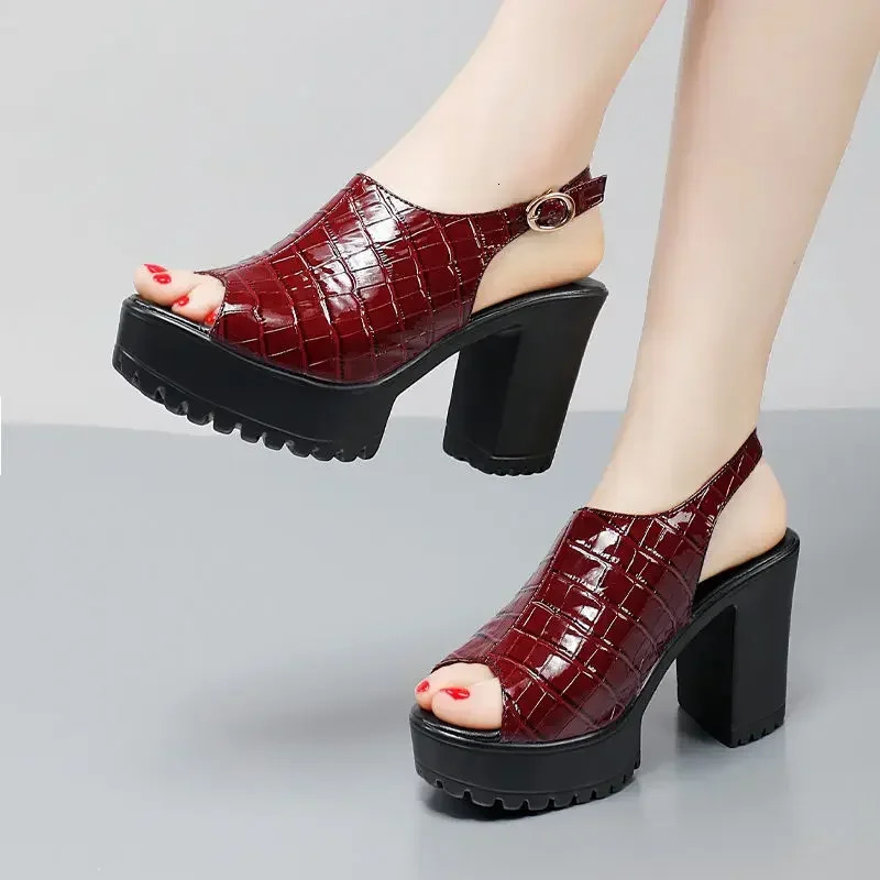 Small Size 32-43 Elegant Block High Heels Sandals Patent Leather Shoes Summer 2025 Thick Platform Sandals Women Office Model 250605