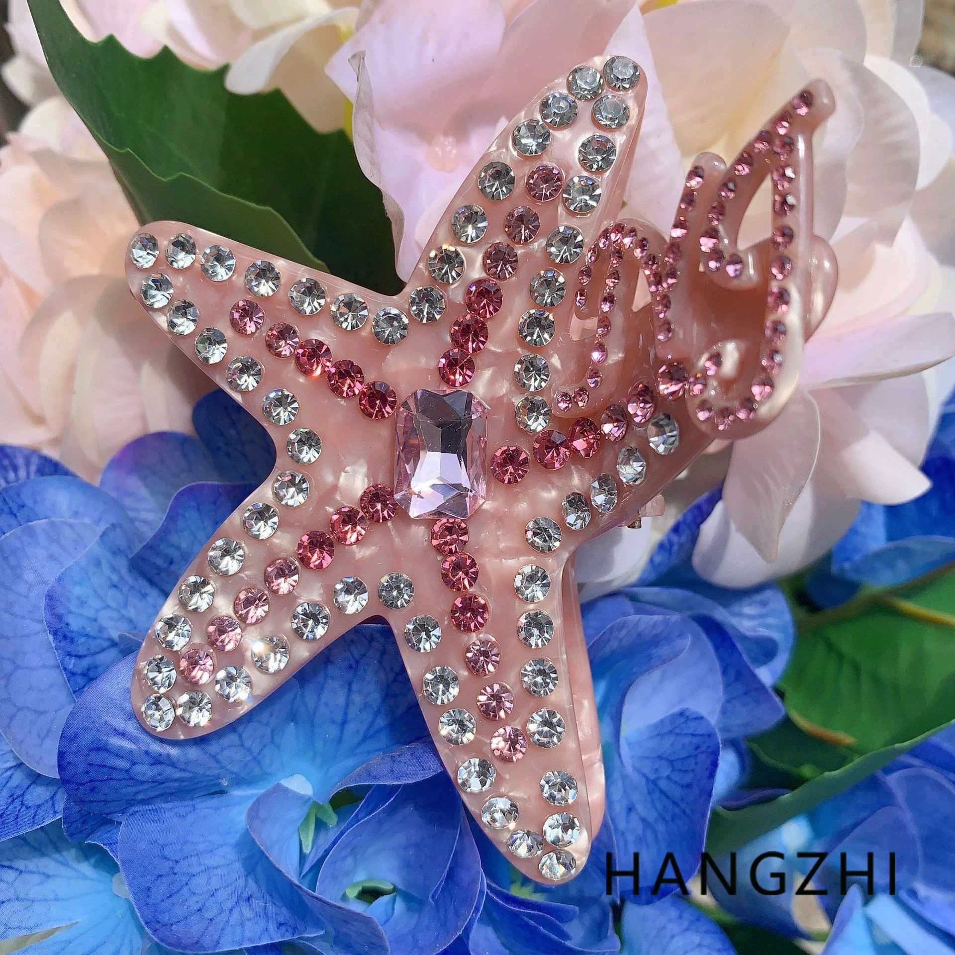 HANGZHI Pink Starfish Rhinestone Hair Clip Sparkling Eye-catching Shark Clip Summer Beach Holiday Hair Accessories for Women Z250605