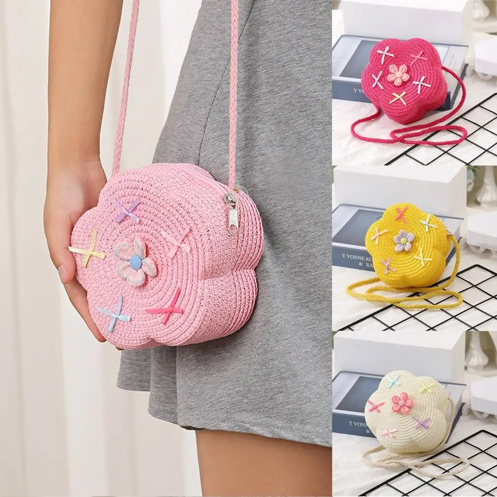 Durable Straw Shoulder Bags Flower Handmade Mini Coin Purse with Bow Messenger Bag for Kids Girls 250605