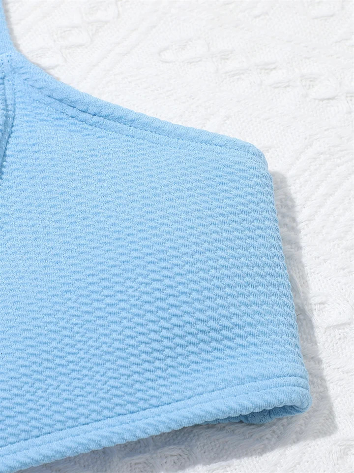 Girls Swimsuit Bikini 2025 Solid Ribbed Sling Bikinis Set High Waist Children Swimwear Three Piece Beach Kids Bathing Suit 250526