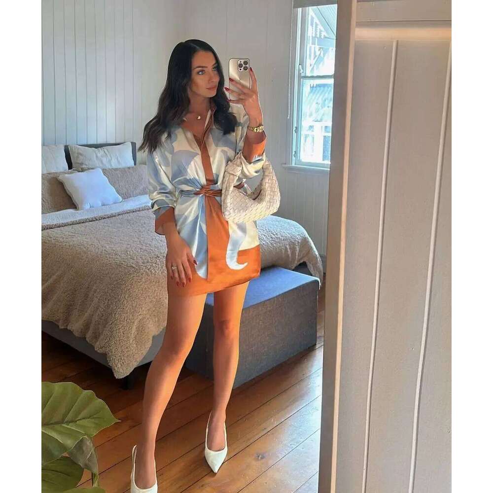 Casual Printing Lace Up Mini Dress Lapel Full Sleeve Holiday High Waist Slim Vestido 2025 New Summer Vacation Beach Commute Robe
