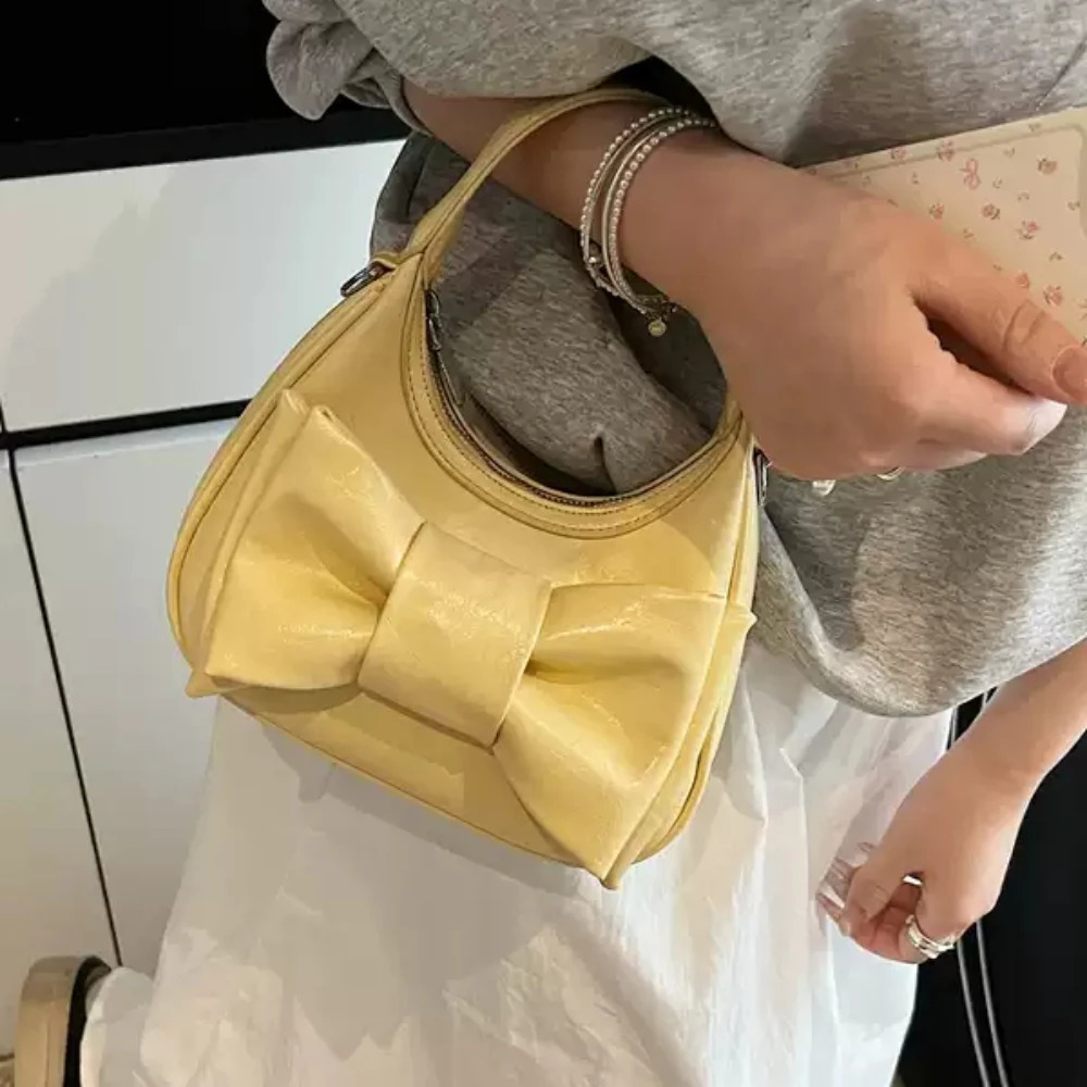 Summer Cute Bow Handbags Women Korean Solid Color Glossy PU Texture Crossbody Bag Delicate All-Match Commute One Shoulder Bags 250605
