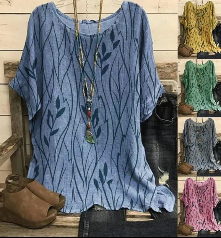 Plus Size 1XL-8XL Top Shirts Women Casual Loose Leaves Print Blouse T-shirt Ladies Fashion Vintage Blouse Unique Half Sleeves 250605