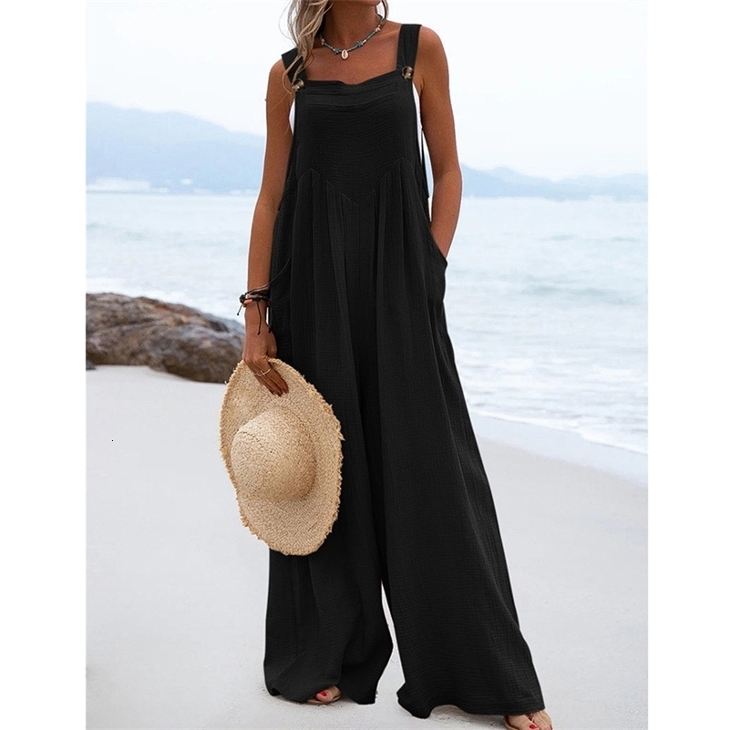Women's Clothing Trend Fashion Solid Color Jumpsuit Casual Button Wide Leg Suspender Overalls with Pockets Streetwear 250530