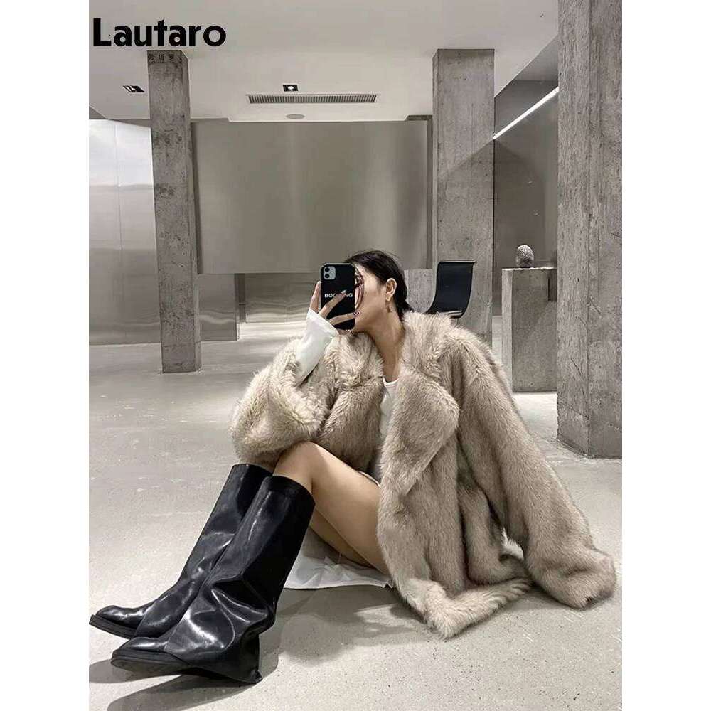 Lautaro Winter Loose Casual Thick Warm Soft Hairy Faux Fur Coat Women High Quality Furry Fluffy Jacket Korean Fashion