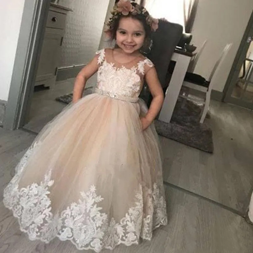 New Champagne Lovely A-Line Flower Girl For Weddings Ball Gown Appliques Toddler Kids Birthday Party Dresses
