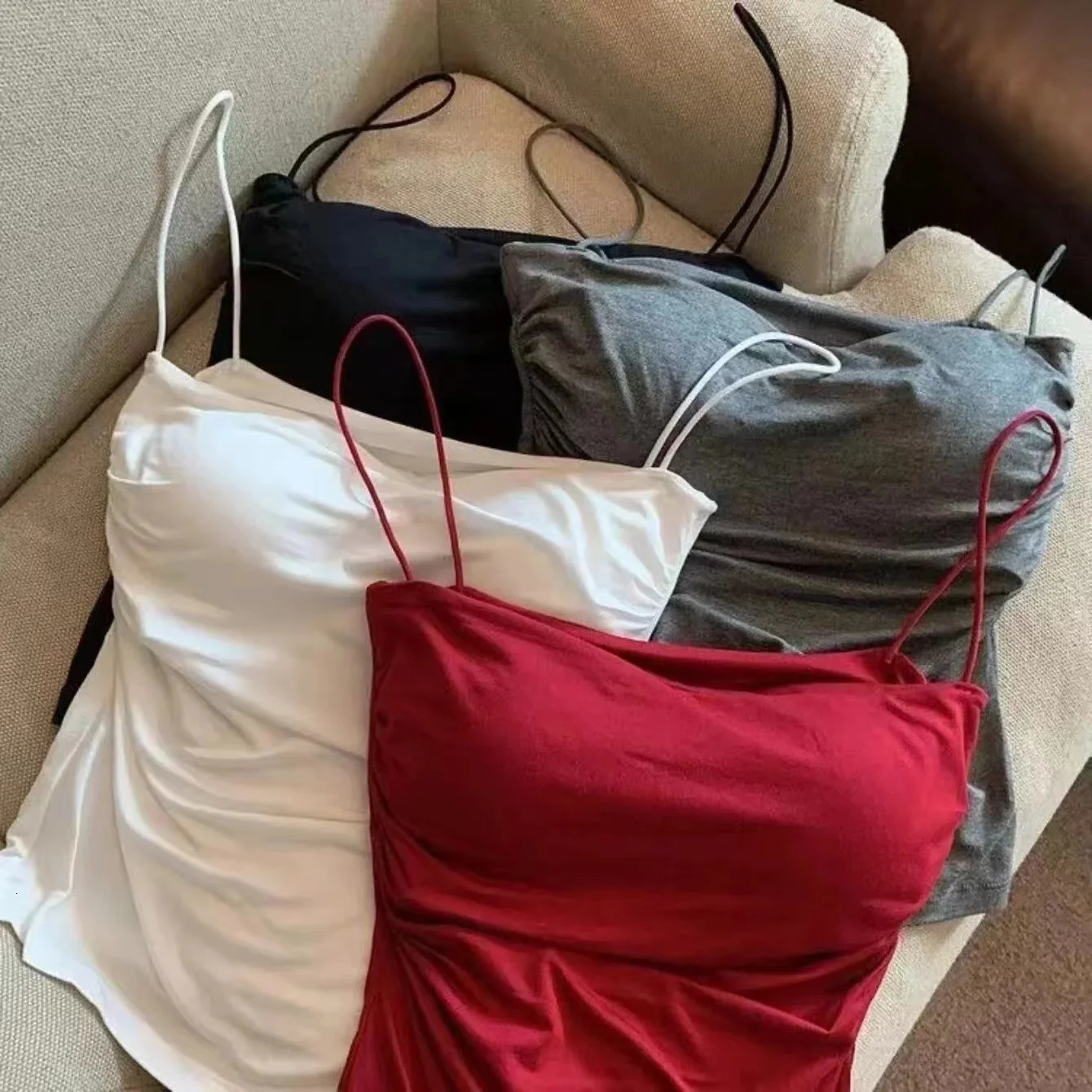 Womens Sleeveless Pleated Slim Fit Vest Sexy Girl Short Top With Thin Shoulder Straps Solid Color Simple Fashion 250527