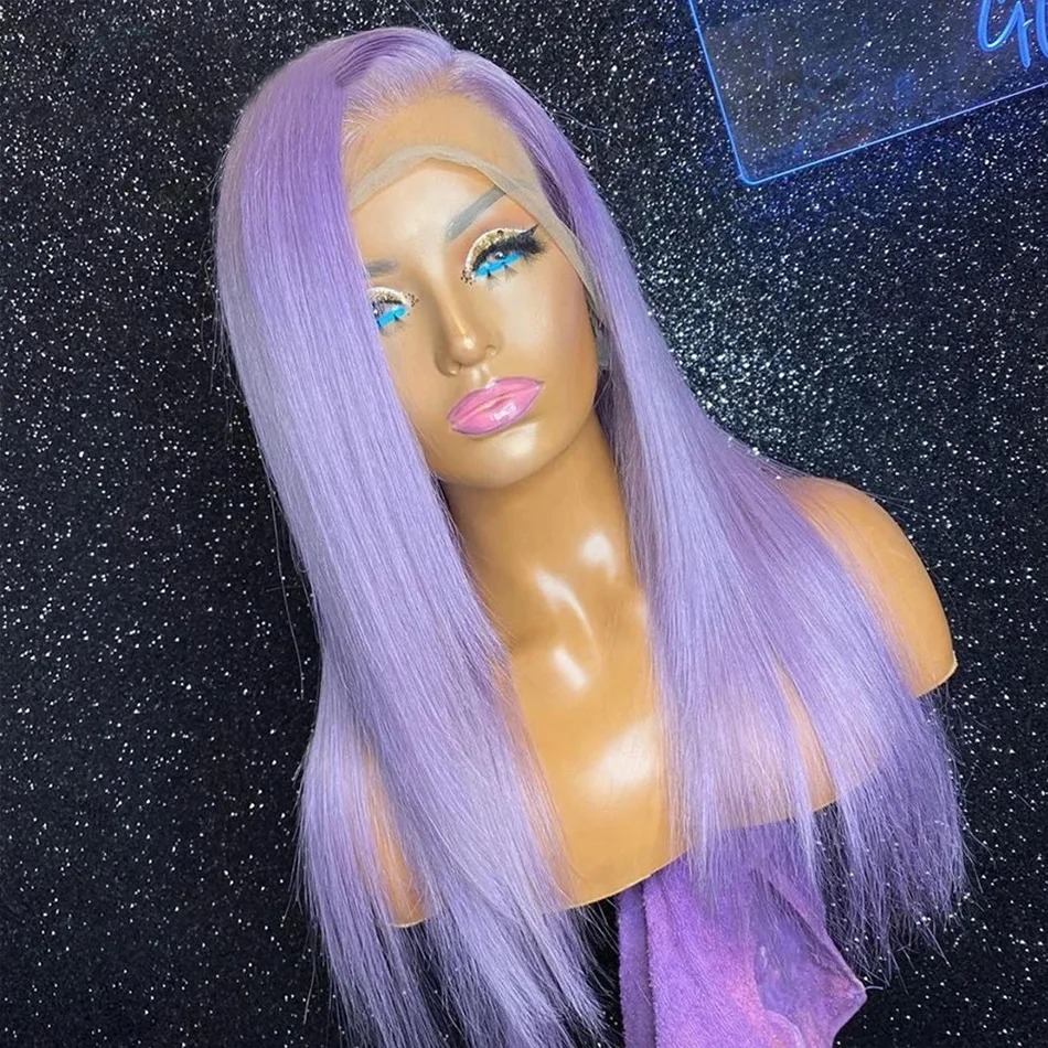 Purple Color Straight Human Hair Wig HD Transparent Bleached PrePlucked Lace Front Wig Violet Purple Wigs Synthetic