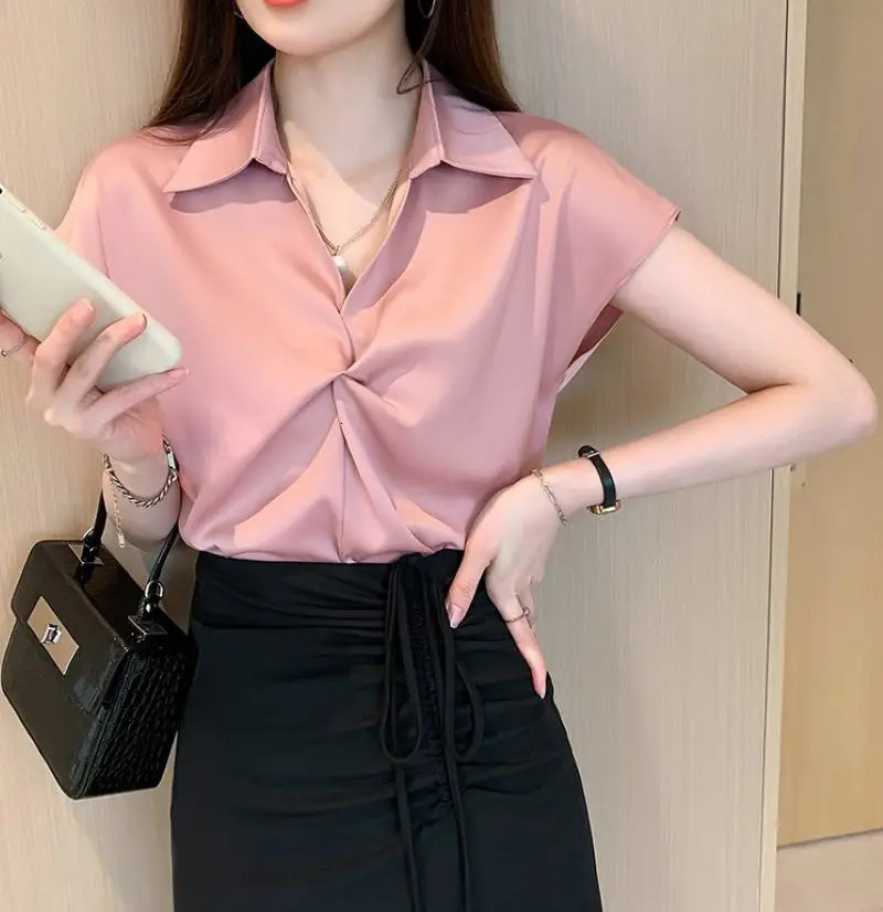 Womens Satin Blouse 2025 Summer V-neck Short-sleeved Solid Color Blouse Fashion Niche top Elegant Ladies Short Shirt 250605