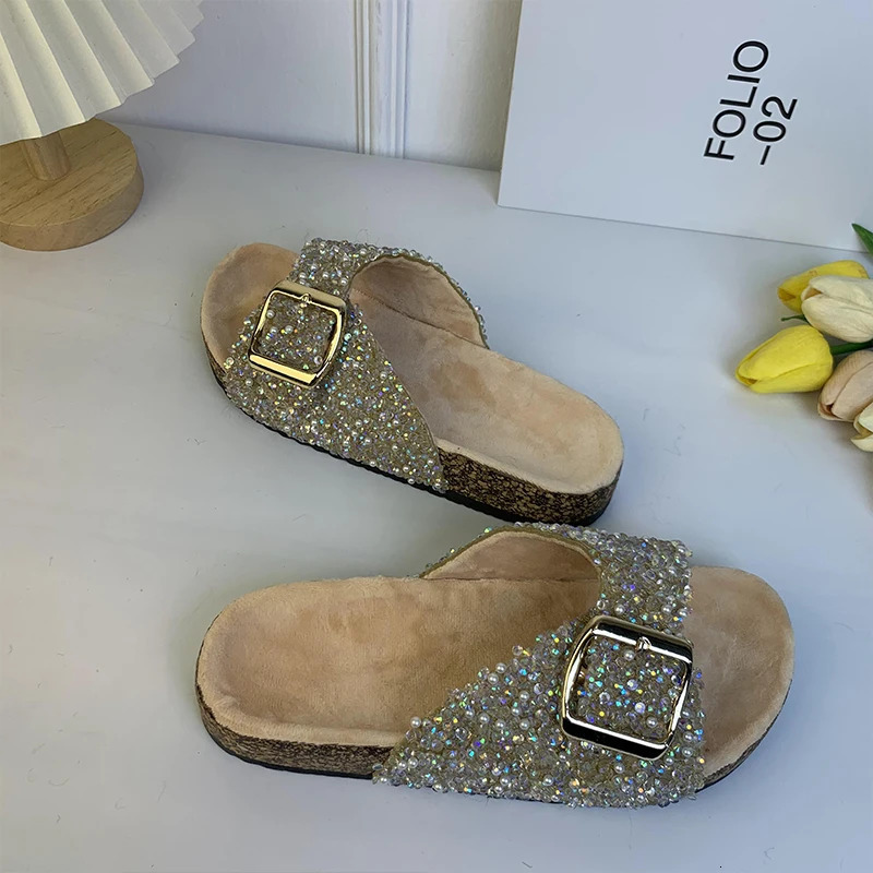 Women Beach Sandals Single Buckle Pearl Sequins Home Fall Leisure Vacation Outside Wear Womens Flat Slippers 250603