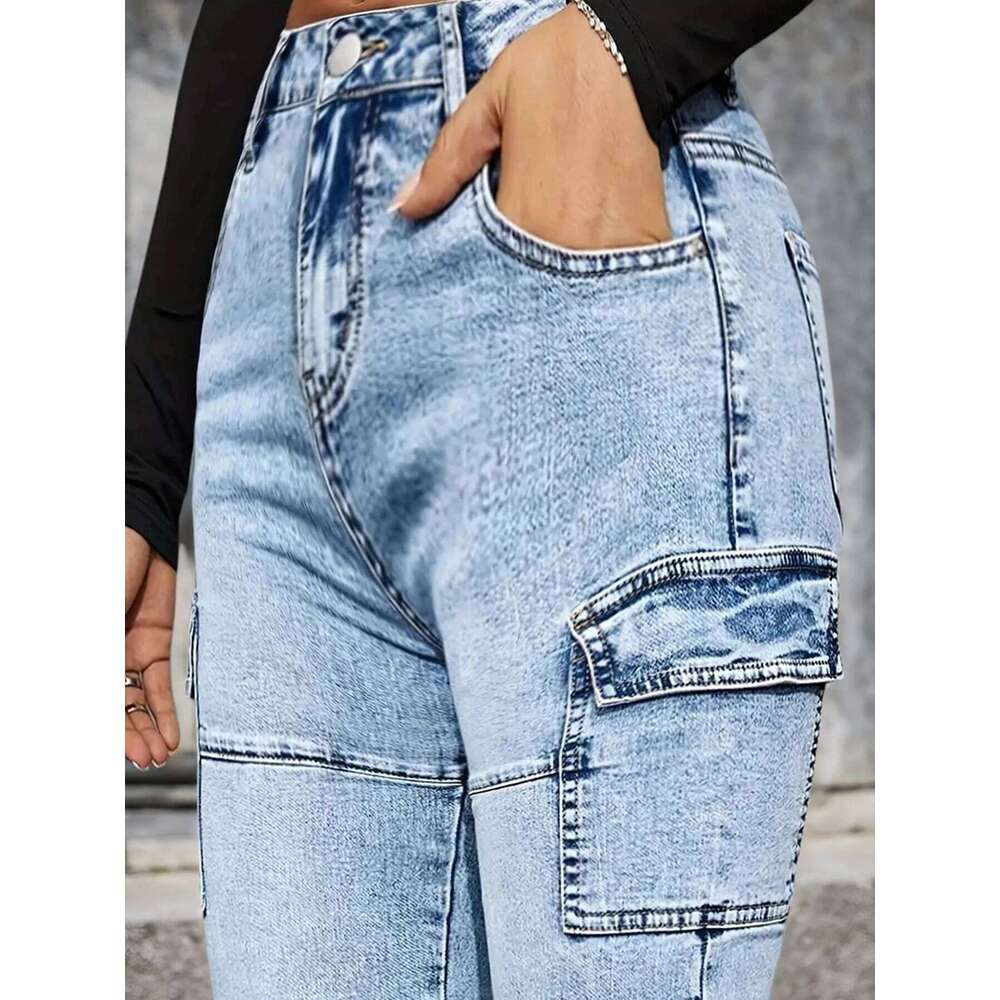 2025 New Women's High Waisted Elastic Multi Pocket Workwear Jeans, Street Fashion Casual Slim Fit Stacking Pants, Comfortable Fi