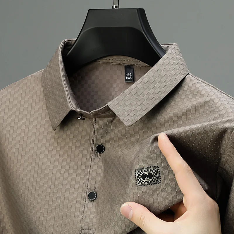 Smart Casual Summer Mens Turndown Collar Solid Color Button Plaid Ice Silk Simplicity Loose Short Sleeve Polo Shirts Tops 250527