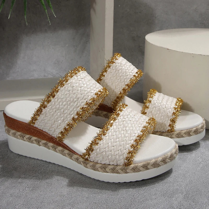 Vintage Woven Wedge Heeled Slippers Women Summer Plus Size 36-43 Thick Bottom Sandals Woman Comfort Platform Beach Sandles Mujer 250605