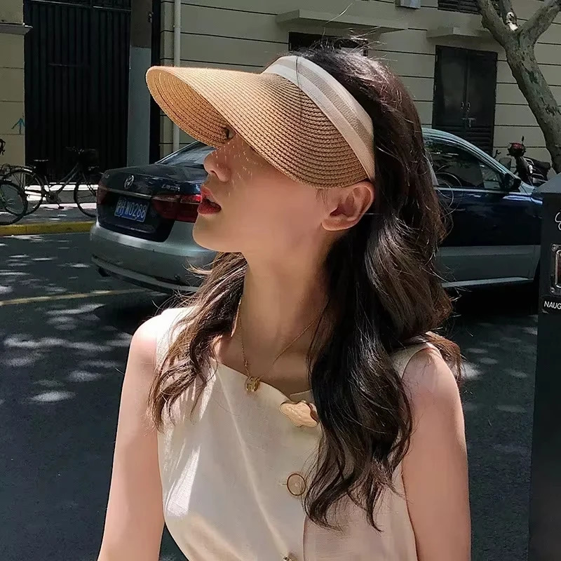 2025 Summer Empty Top Sun Hat Anti Uv Female Outdoor Visor Cap Casual Shade Hat Straw Wide Large Brim Beach Sunhat Lady 250603