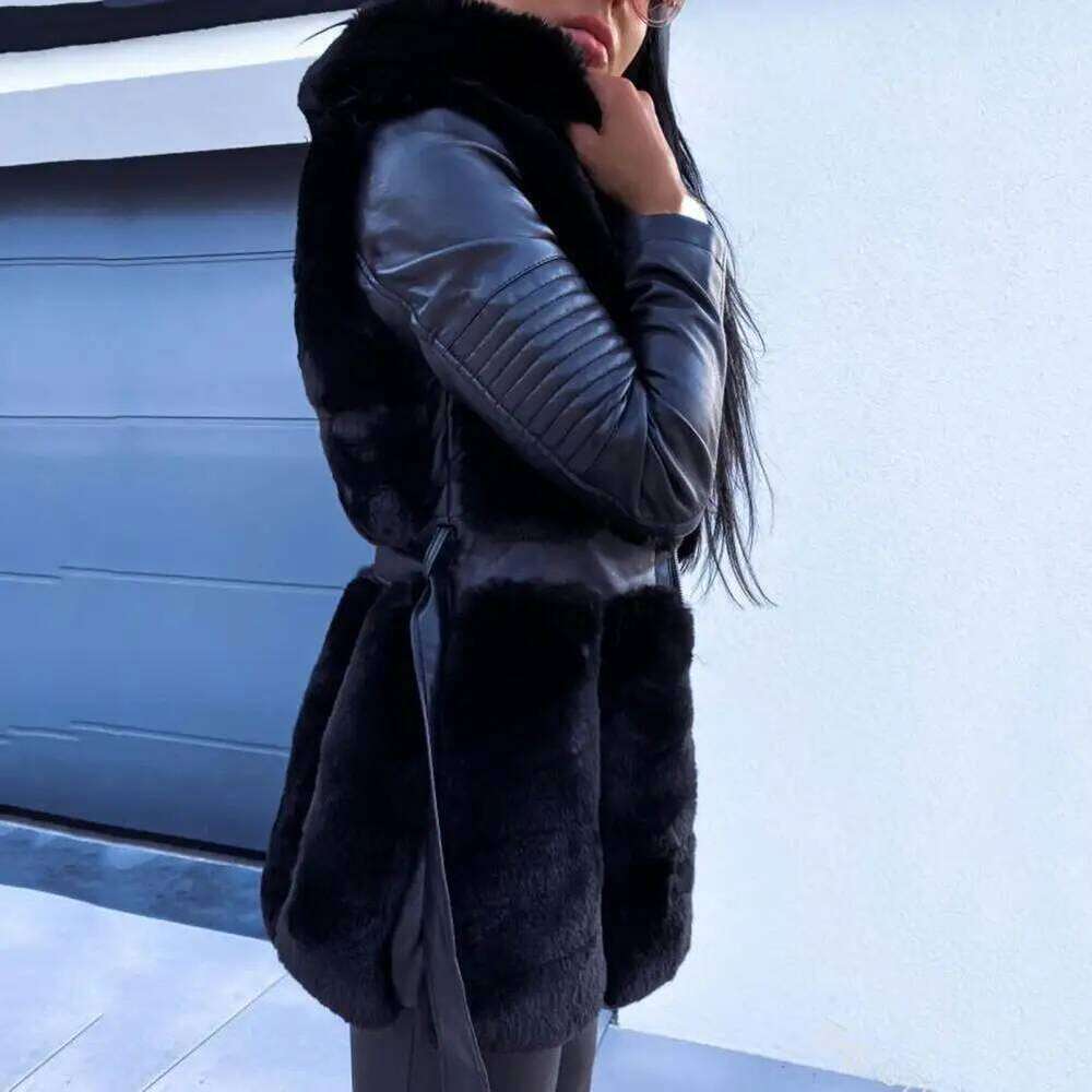 Faux Rabbit Winter Long Fur Hooded Loose Lapel Overcoat Thermal Plush Tight Waist Coat Women Jackets