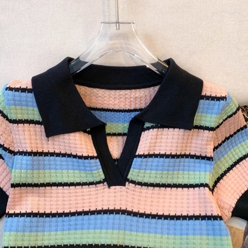 2025 Summer Rainbow Striped TurnDown Collar Lady Thin Sweater Short Sleeve Knitted Pullover Women Fashion Crop Tops Mujer 250530