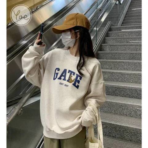 Retro American Round Neck Sweatshirt Women Spring Autumn Loose Oversize Lazy Style Hoodless Pullover Cotton Summer Thin