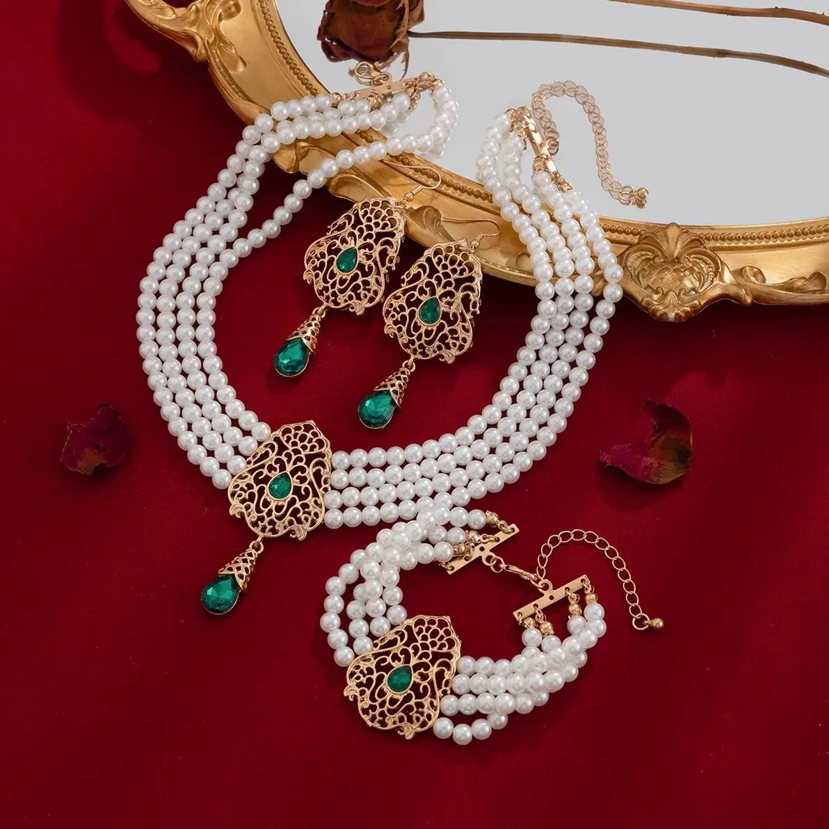 SHIXIN Multilayer Imitation Pearl Necklace Bracelet Earring Women Water Drop Green Rhinestone Choker Wedding Jewelry Set 250530