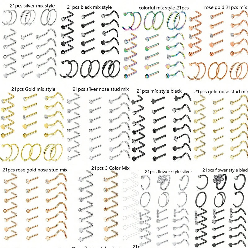 21pcs/lot 20G Stainless Steel Nose Ring Stud Set Heart Crystal Nose Piercing Screw L Shape Nostril Hoop Nose Body Jewelry 250605