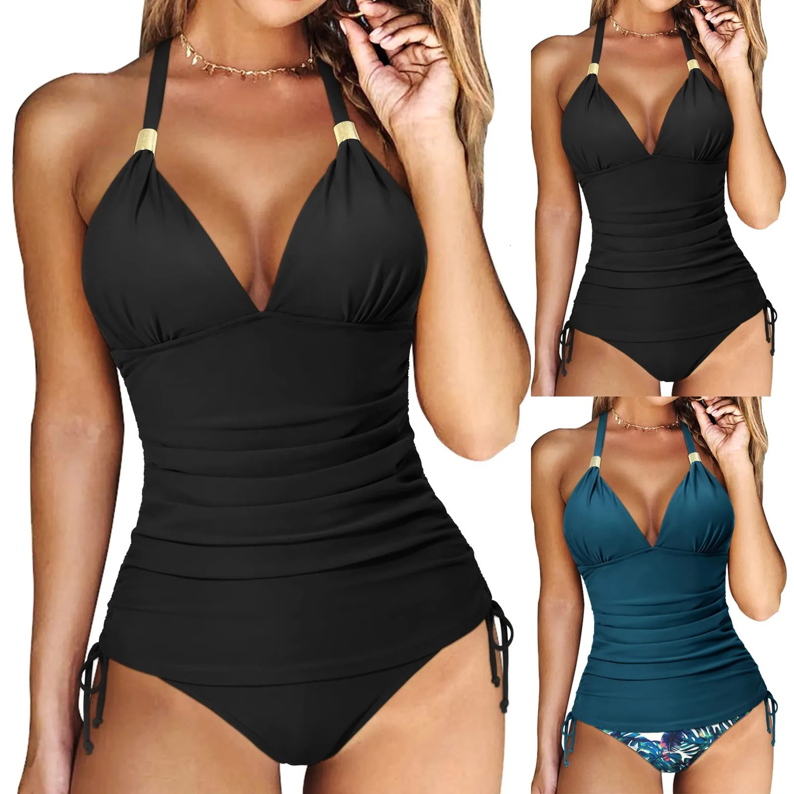 Women Bikini Set Two Pieces Solid Color Swimsuit With Side Tie Ruched Swimwear High Waist Summer Beach Holiday Swimwears 250530