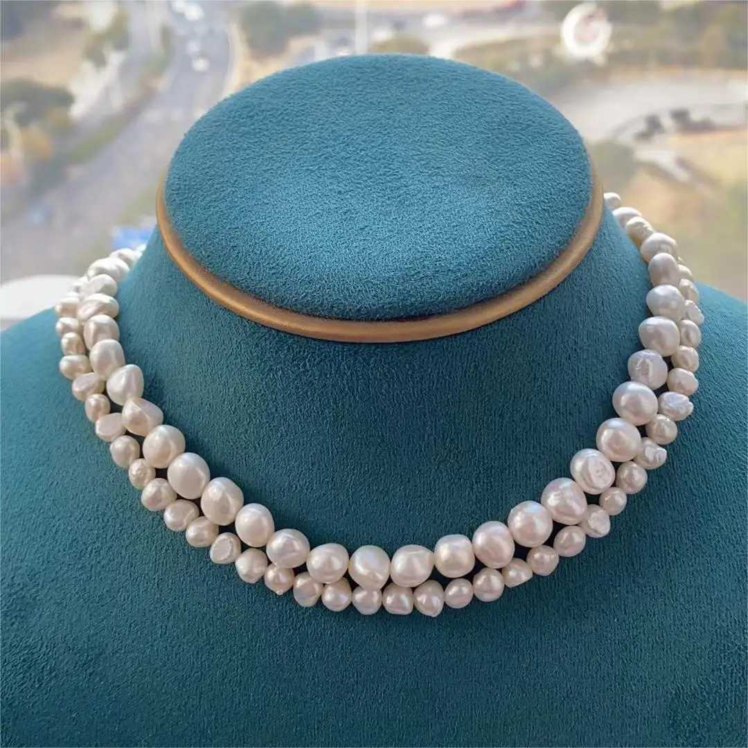 HENGSHENG Baroque Freshwater 5-6mm 8-9mm White Pearl Double Necklace 925 Sterling Silver Trendy Jewelry Gift for Women Girls Y250605