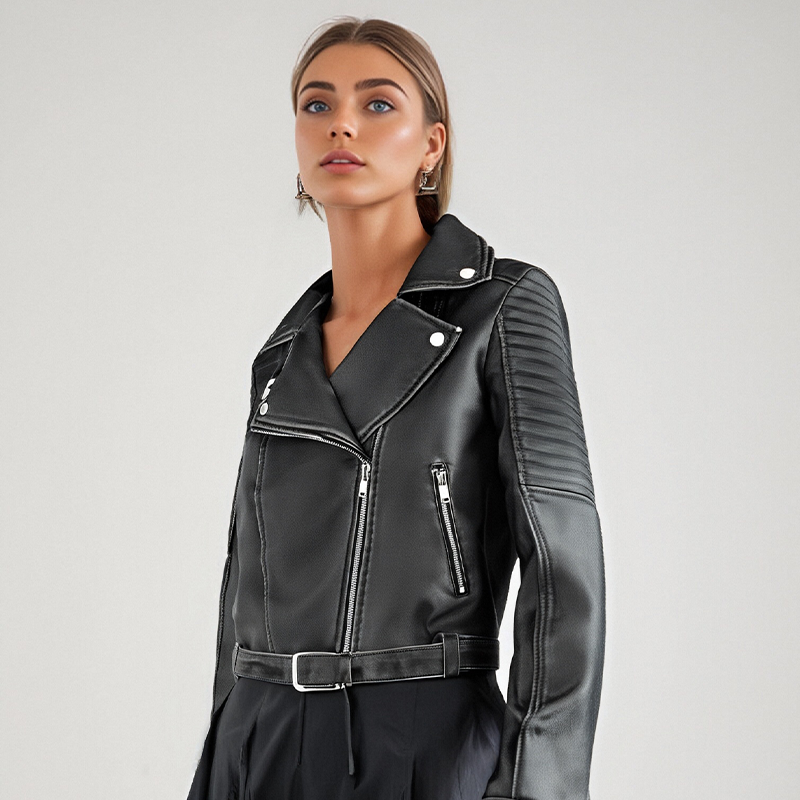 Foreign trade logo cutting design, niche zipper, PU leather jacket, long sleeved jacket, motorcycle short jacket, women's jacket