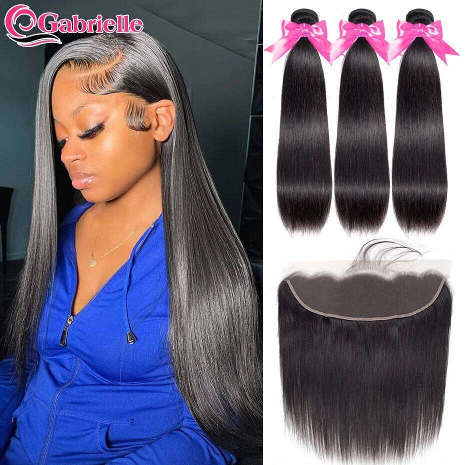 Gabrielle Straight with Brazilian Human Weave Bundles With Frontal Closure 13x4 Transparent Lace Remy Hair