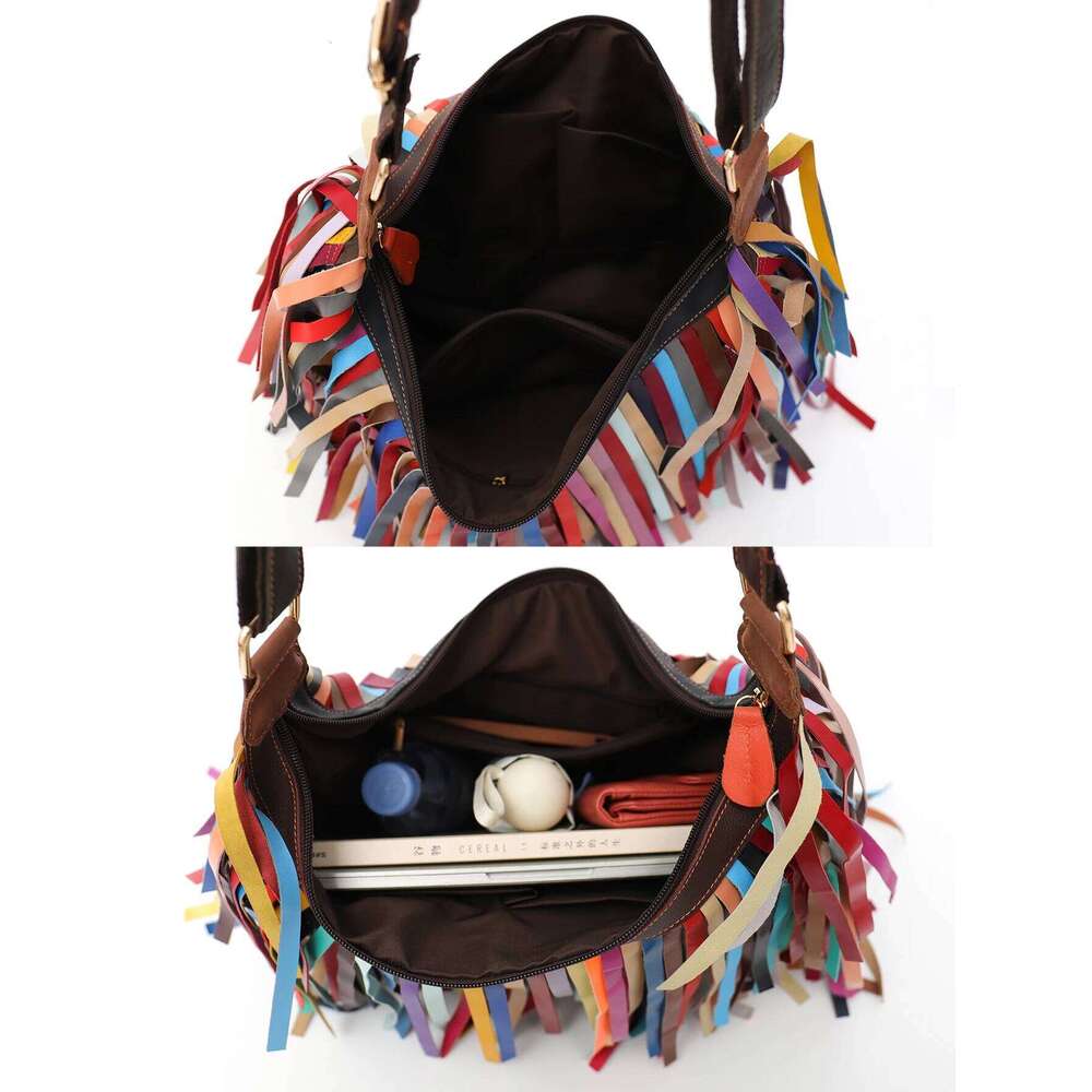 SC Colorful Real Sheepskin Shoulder Bags For Women Large Casual Slouchy Hobo Handbags Patchwork Leather Tassel Cross Body Purses